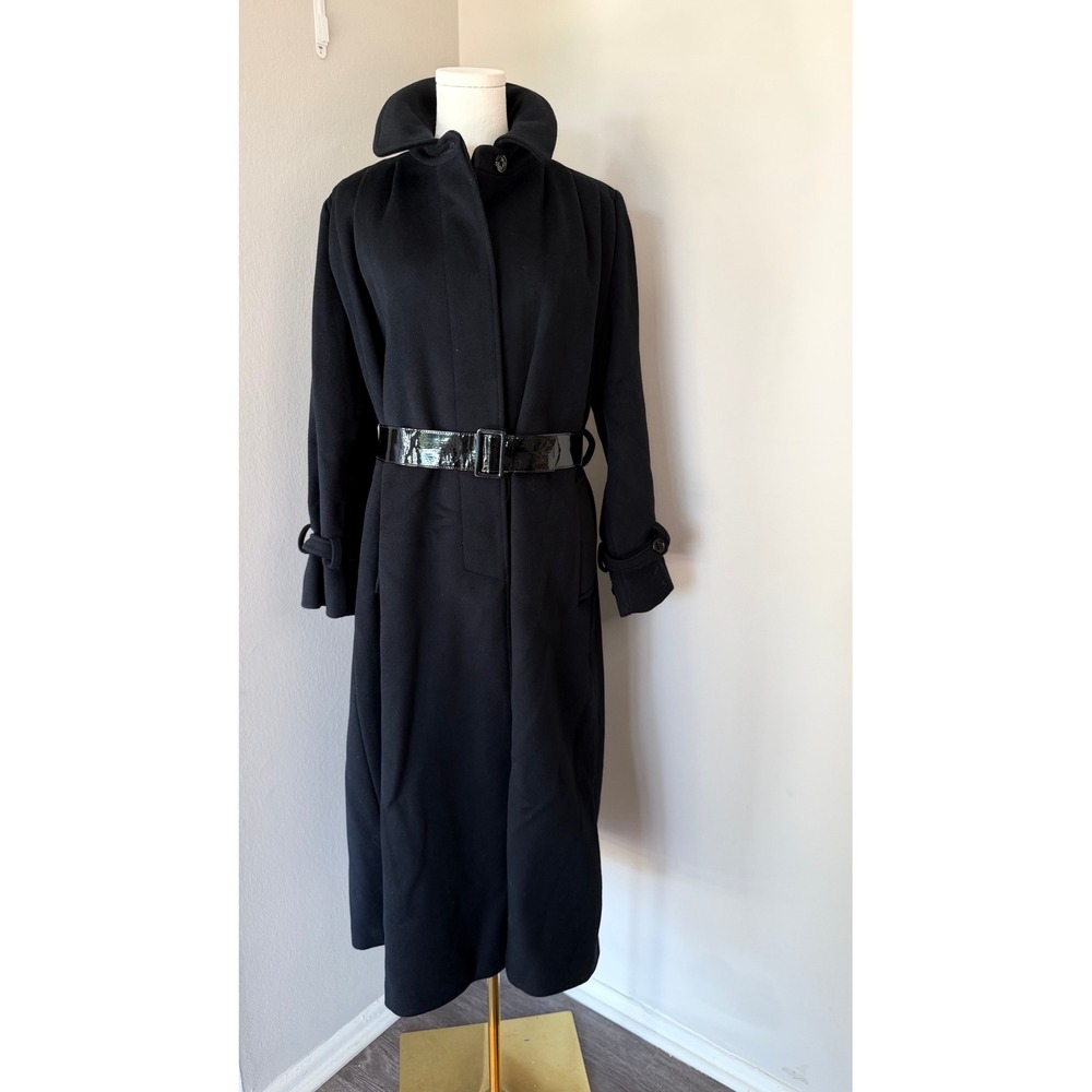 Vintage Stevens Forstmann Black Wool Belted Long Coat Central Park NY Size M